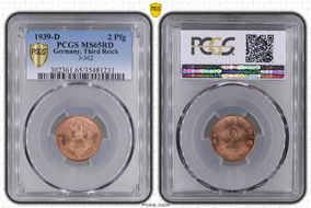 1939-D 2 Pfg J-362 MS65RD