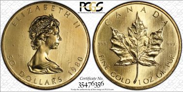 1980 $50 Maple Leaf 1oz Au MS65