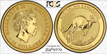 2017-P $15 Kangaroo 1/10oz Au MS70