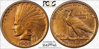 1908-D $10 No Motto AU58