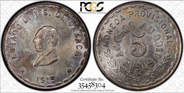 1915 5 Peso KM-751 GB-368 Ag MS64+