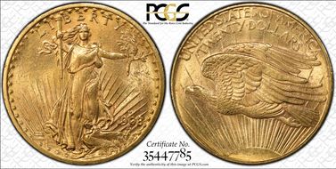 1908-D $20 No Motto MS62