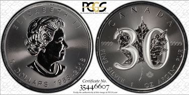 2018 $5 Maple Leaf Ag 30th Anniv. MS67