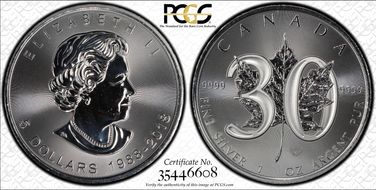 2018 $5 Maple Leaf Ag 30th Anniv. MS69