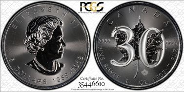 2018 $5 Maple Leaf Ag 30th Anniv. MS67