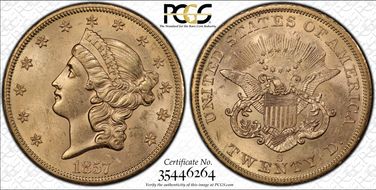 1857-S $20 Broken A S.S. Central America #2 (with Pinch) MS61