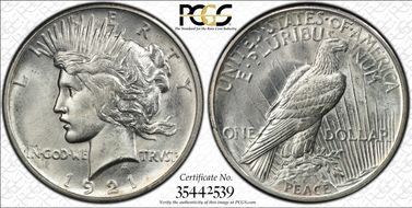 1921 $1 High Relief, Peace MS64