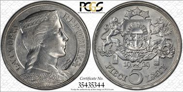 1929 5 Lat KM-9  Ag AU58