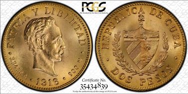 1916 2 Peso KM-17  Au MS65+