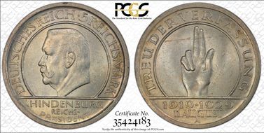 1929-A 5 Mk Constitution J-341 MS63