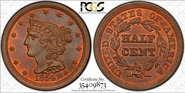 1854 1/2C MS66+ RB