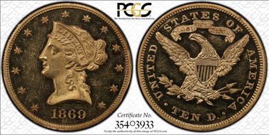 1869 $10 PR62+ CAM