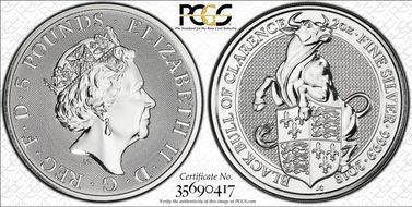 2018 £5 Black Bull of Clarence Queen's Beasts 2oz Ag MS66