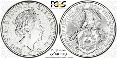 2017 £5 Griffin of Edward III Queen's Beasts 2oz Ag MS65