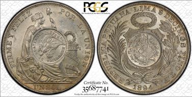 1894 (Peso) KM-224 C/M on 1894 Peru Sol MS62