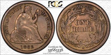 1862-S 10C AU55