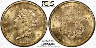 1857-S $20 Spiked Shield S.S. Central America #2 (with Pinch) MS64+