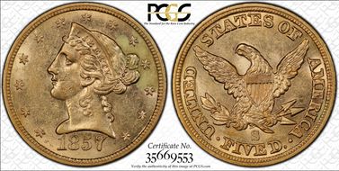 1857-S $5 S.S. Central America #2 (with pinch) AU58