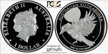 2018-P $1 Kookaburra Ag High Relief First Strike PR69DCAM