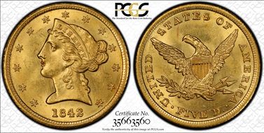 1842 $5 Small Letters MS65