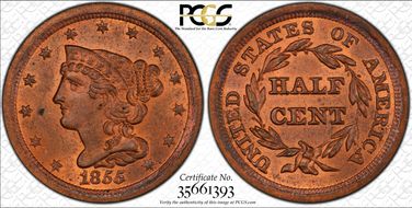1855 1/2C MS64+ RB