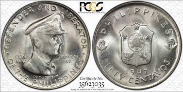 1947-S 50C Douglas MacArthur KM-184  Ag MS65