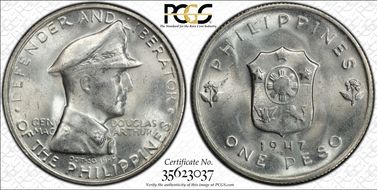1947-S Peso Douglas MacArthur KM-185  Ag MS65