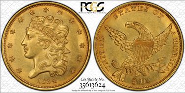 1834 $5 Classic Head, Plain 4 MS62