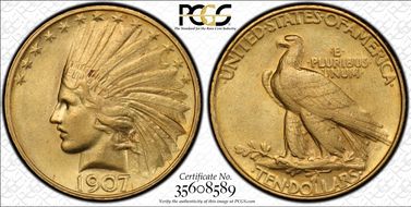 1907 $10 Indian, Rolled Edge AU55