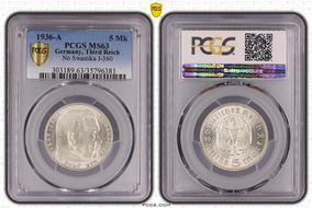 1936-A 5 Mk No Swastika J-360 MS63