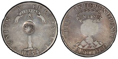 (1834-37) 8 R KM-108 C/M on Chile Peso VF30
