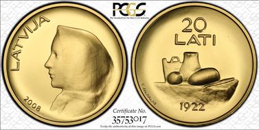 2008 20 Lat Coin of Latvia PR68