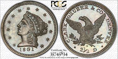 1861 DT$2.50 K-9 Clark Gruber Plain Edge Copper Die Trial MS64BN