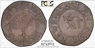 1652 Shilling Pine Tree, Large Planchet AU58