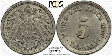 1908-F 5 Pfg J-12 MS63+