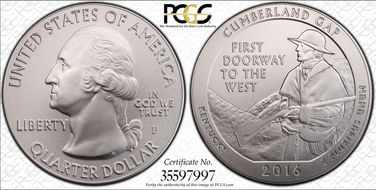 2016-P 25C Cumberland Gap NP 5 oz Silver SP67