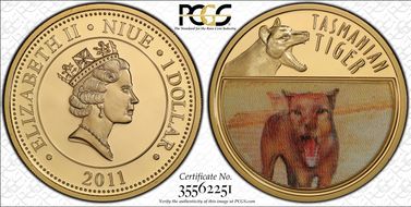 2011 $1 Tasmanian Tiger Gold-Plated Copper PR70DCAM