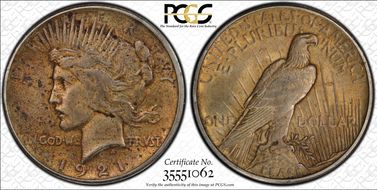 1921 $1 High Relief, Peace AU55