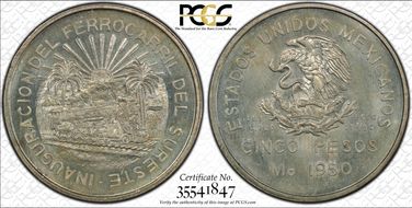 1950-Mo 5 Peso Southeastern Railroad KM-466  Ag MS65