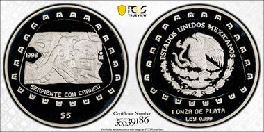 1998-Mo 5 Peso Serpiente con Craneo KM-666  Ag PR69DCAM