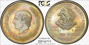 1952-Mo 5 Peso Hidalgo KM-467  Ag MS65