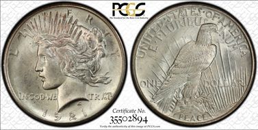 1921 $1 High Relief, Peace MS64+