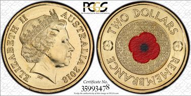 2018 $2 Remembrance Day Red Poppy 30th Ann. $2 Coin Colorized MS67