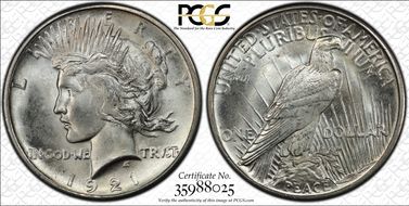 1921 $1 High Relief, Peace MS66