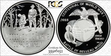 2018-S Medal WWI Centennial - Marines WWI Centennial Set - Marines PR70DCAM