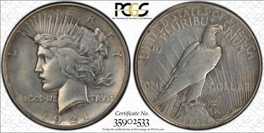 1921 $1 High Relief, Peace N1