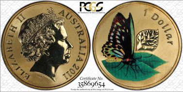 2011 $1 Cairns Birdwing Butterfly Al-Bronze Colorized MS67