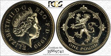 1999 £1 S-J14 Scottish Lion Ni-Brass MS67