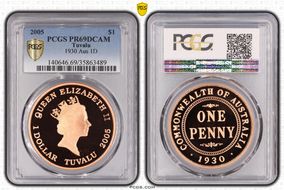 2005 $1 1930 Aus 1D Cu-Plated Silver PR69RD