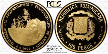 1992(c) 100 P Columbus w/Ship Au PR68DCAM